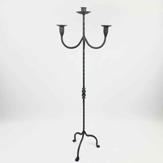 Hand Forged Iron Floor Candelabra 49″ (124cm) Antique Copper or Gold Patina 3-Arm Twist Stem Candle Holder Rustic Decor For Sale - Image 11 of 11
