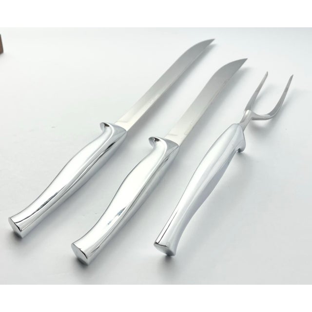 Vintage Carvel Hall 3-Piece Stainless Carving Knife & Fork Set With Wooden Case For Sale - Image 4 of 10