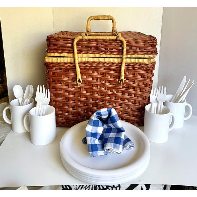 Vintage Woven Wicker Basket With Picnic Accessories- 22 Pieces For Sale - Image 13 of 13