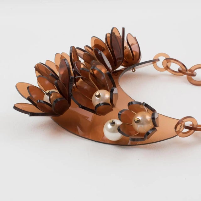 Italian Design Copper Acrylic Bib Necklace Flowers and Pearls For Sale - Image 13 of 13