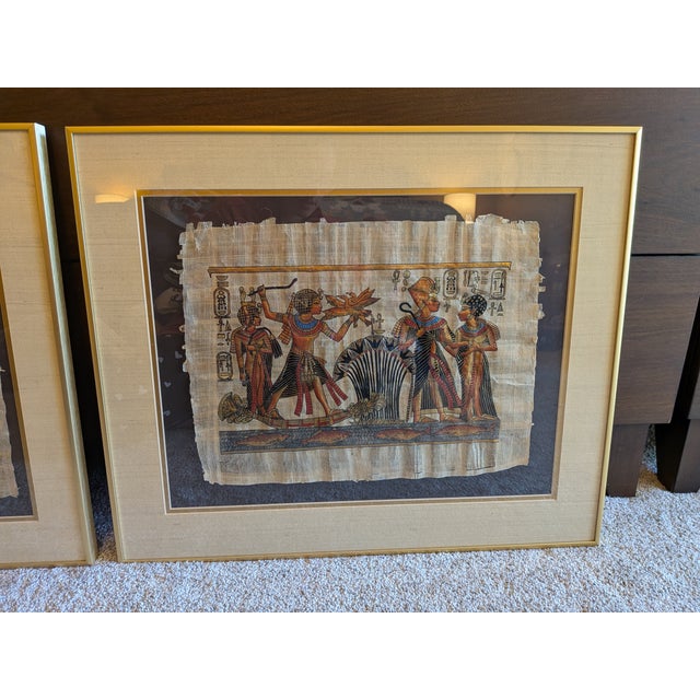 Mid-Century Modern Pair of Mid-Century Modern Framed Egyptian Papyrus Artworks, 20x24 Gold Aluminum Frames For Sale - Image 3 of 10