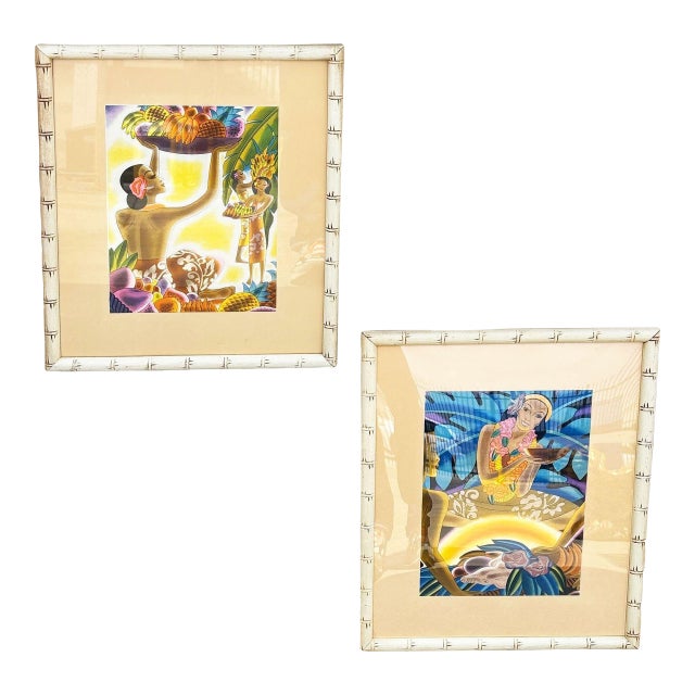 Frank Macintosh "Fruit Harvest" & "Hawaii the Luau" Prints in Bamboo Framed Pair For Sale
