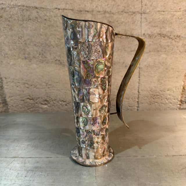 Vintage Mexican Brass and Inlaid Abalone Shell Pitcher Mexico For Sale - Image 9 of 13