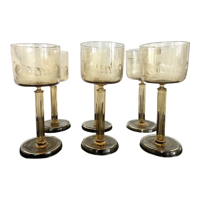 Set of Six Midcentury Modern Viking Longboat Stemmed Glasses For Sale
