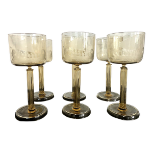 Set of Six Midcentury Modern Viking Longboat Stemmed Glasses