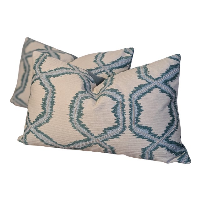 Cowtan and Tout Trellice Lattice Embroidered Lumbars in Blue Teal For Sale