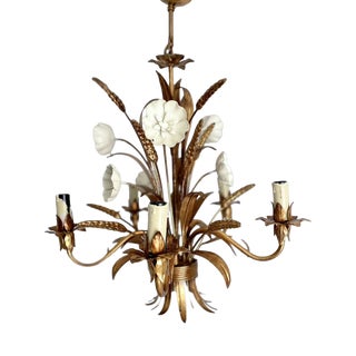 Gilt Tole Floral and Wheat Chandelier, 1960 For Sale