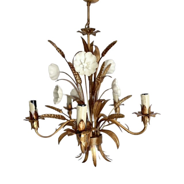 Gilt Tole Floral and Wheat Chandelier, 1960 For Sale