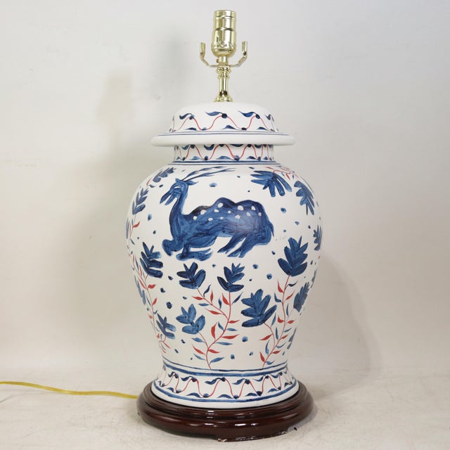 Mediterranean Pair of Vintage Brunschwig & Fils Cadiz Table Lamps With Lid - Blue and White Ceramic With Boar and Deer Motif For Sale - Image 3 of 18