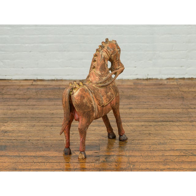 Mid 20th Century Small Vintage Indian Exterior Rust Colored and Carved Wooden Horse from Madras For Sale - Image 10 of 13