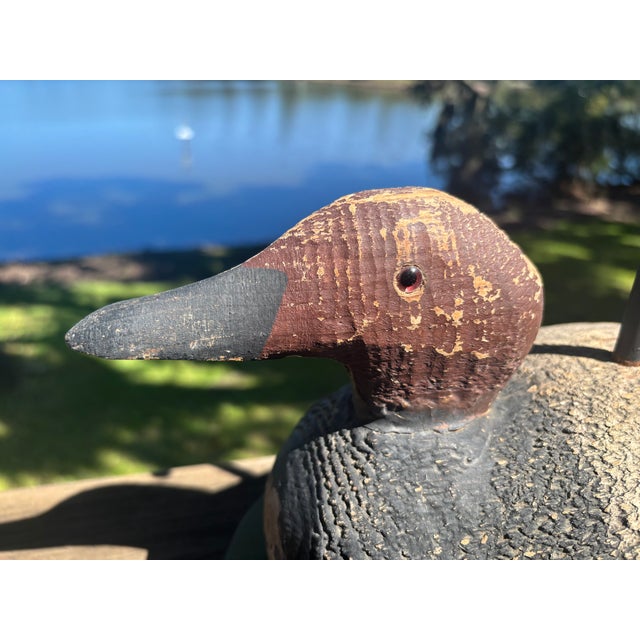 Early 20th Century Hand-Carved Duck Decoy Lamps With Custom Ticking Stripe Shades – Pair For Sale - Image 9 of 17