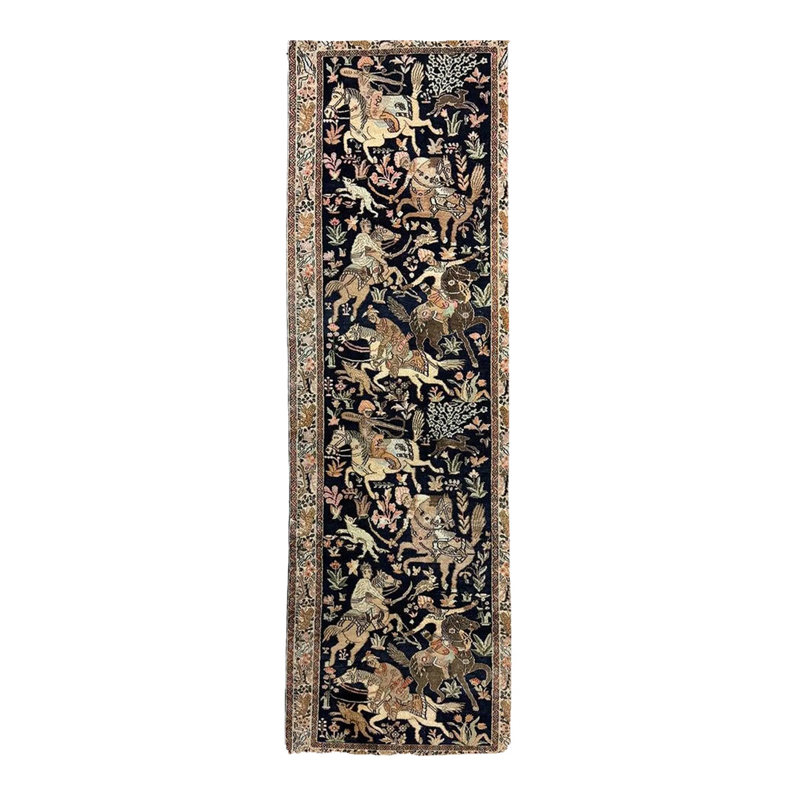 KASHMIR SILK Royal Hunting Scene Vintage Runner Rug 2.6 x 10 | Chairish