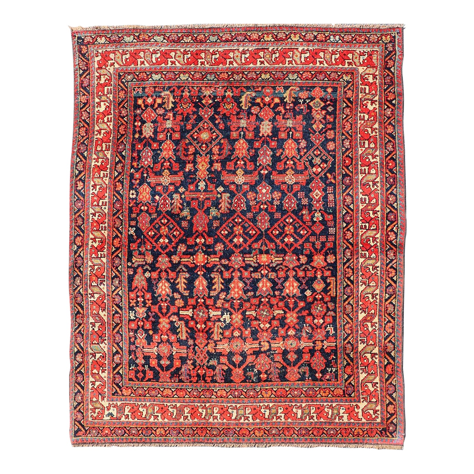 Antique Kurdish Rug With Navy Blue Field, Red Tribal Motifs and Ivory ...
