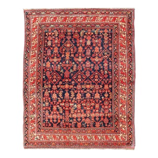 Antique Kurdish Rug With Navy Blue Field, Red Tribal Motifs and Ivory Border 4'9 X 6'5 For Sale