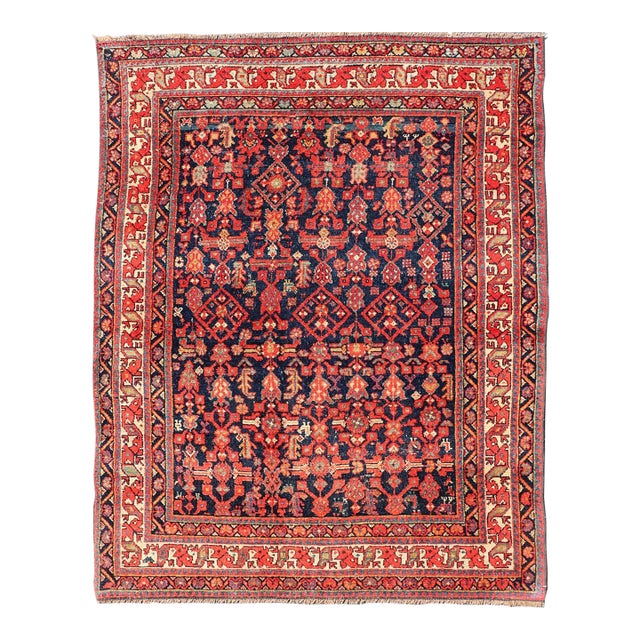Antique Kurdish Rug With Navy Blue Field, Red Tribal Motifs and Ivory Border 4'9 X 6'5 For Sale