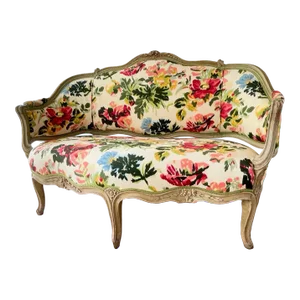 Antique French Painted Settee/Sofa Upholstered in Bright Floral Fabric