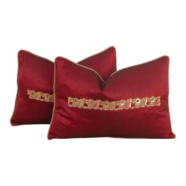 Rasa Red Pair of Zardozi Pillows For Sale