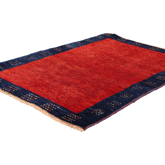 61536 Vintage Persian Gabbeh Rug, 02'07 x 04'00. The Crimson Solitude: A Vintage Persian Gabbeh Masterpiece of Minimalist...