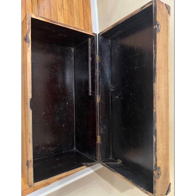 English Antique Solid Oak Trunk With Riveted Corners For Sale - Image 3 of 3