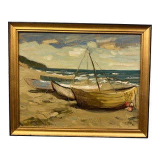 20th Century Oil Painting Seaside Boats For Sale