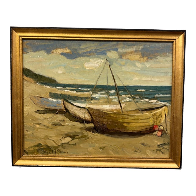 20th Century Oil Painting Seaside Boats For Sale