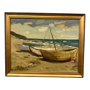 20th Century Oil Painting Seaside Boats