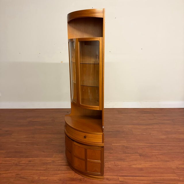 Wood Nathan Squares Vintage Teak Curved Glass Corner Cabinet For Sale - Image 7 of 12