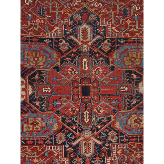 Antique Persian Heriz Carpet Handmade Wool Oriental Rug, Rusty/Red Field, Navy For Sale - Image 4 of 18