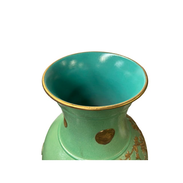 Ceramic Vintage Chinese Pastel Green Turquoise Golden Birds Porcelain Vase For Sale - Image 7 of 9