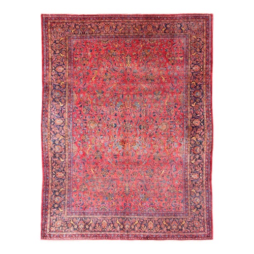 Antique Persian All-Over Kashan Rug With Leaf and Bird Pattern in Red & Blue