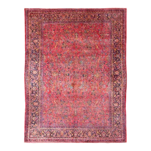 Antique Persian All-Over Kashan Rug With Leaf and Bird Pattern in Red & Blue