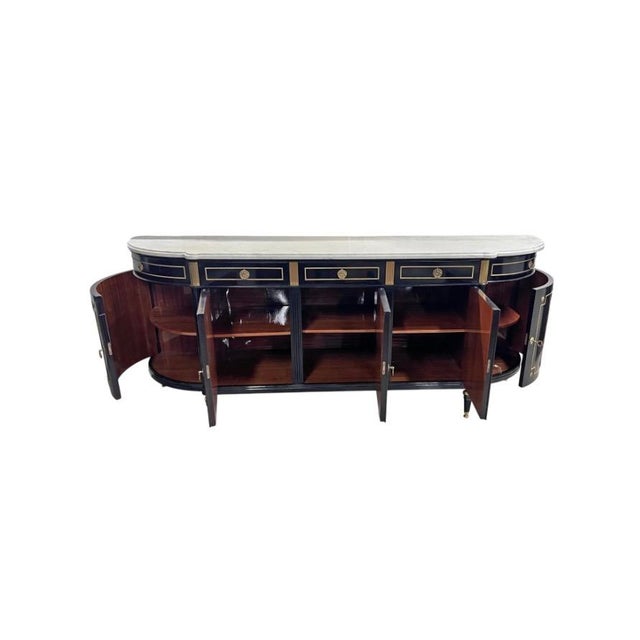 Louis XVI Style Ebonized Enfilade Buffet With Carrara Marble Top Bronze Mounts For Sale - Image 4 of 12