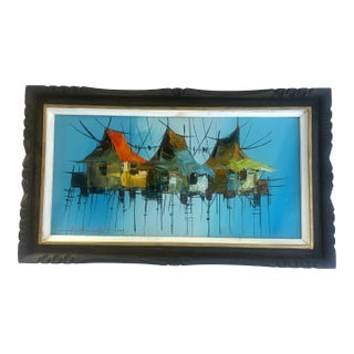 Mid-Century Vietnamese Fishing Village Abstract Oil on Board, Signed For Sale