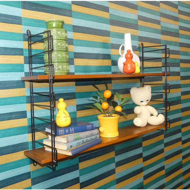 1960s Mid-Century Modern String Long Shelf Shelves in Walnut and Black Ladders For Sale - Image 5 of 12