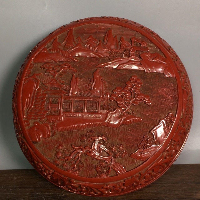 Carved Cinnabar Lacquer Round Lidded Box, Landscape Pavilion Scene Chinoiserie Jewelry Box For Sale - Image 4 of 9