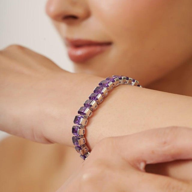 Bochic Natural Amethyst Step-Cut Tennis Bracelet in Solid Silver for Her For Sale - Image 4 of 11