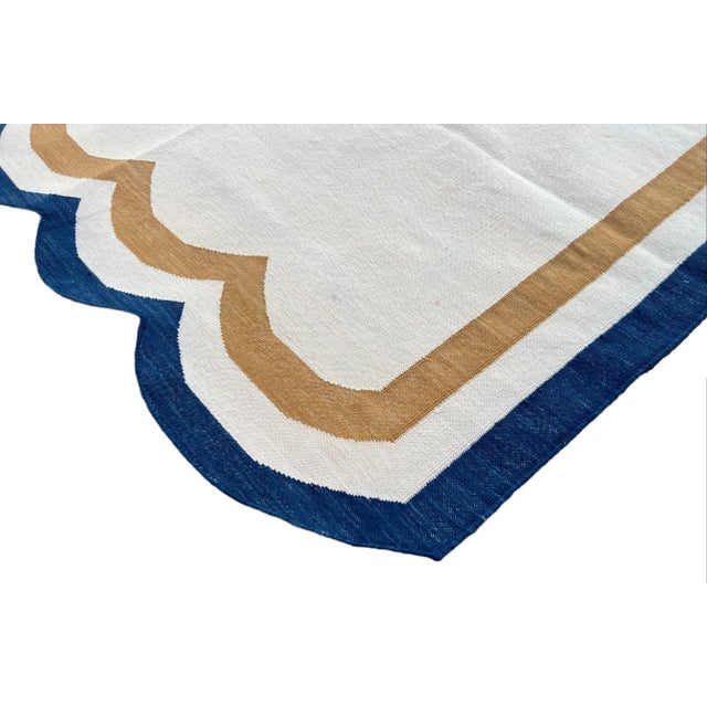 Not Yet Made - Made To Order Not Yet Made - Made To Order Handmade Cotton Vegetable Dyed Scalloped Rug Cream, Mustard and Navy Blue Border - 9'x12' For Sale - Image 5 of 11
