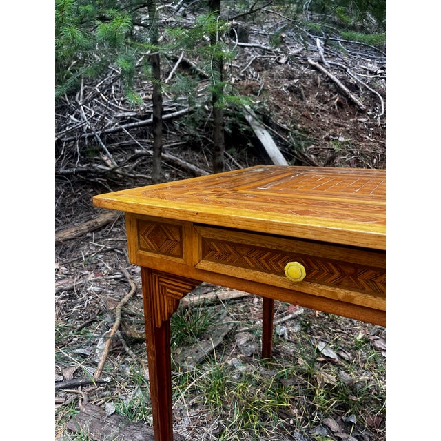 Cabin Antique Square Rustic Folk Inlay Marquetry Game / Chess Accent Table For Sale - Image 3 of 9