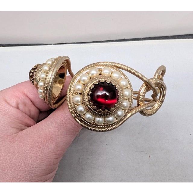 Metal Vintage 1950s Signed Napier Goldtone Cabochon Faux-Garnet & Faux-Pearl Cuff Bracelet For Sale - Image 7 of 13