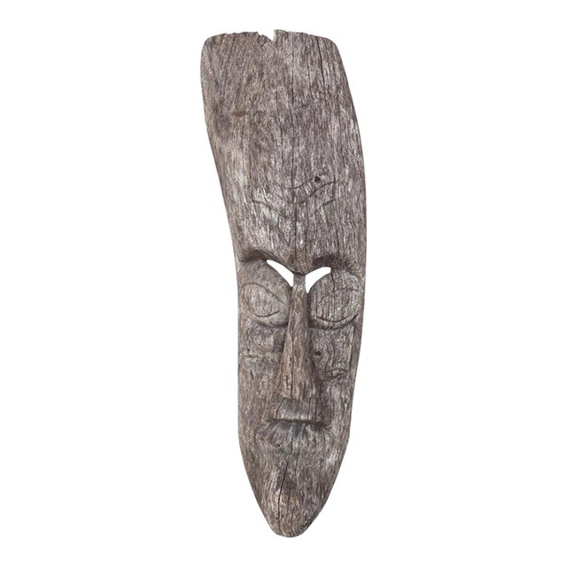 Late 20th Century Carved Wooden Face Mask, Weathered Wood Sculpture, Elongated Rustic Wall Decor, Organic Modern Boho Art For Sale
