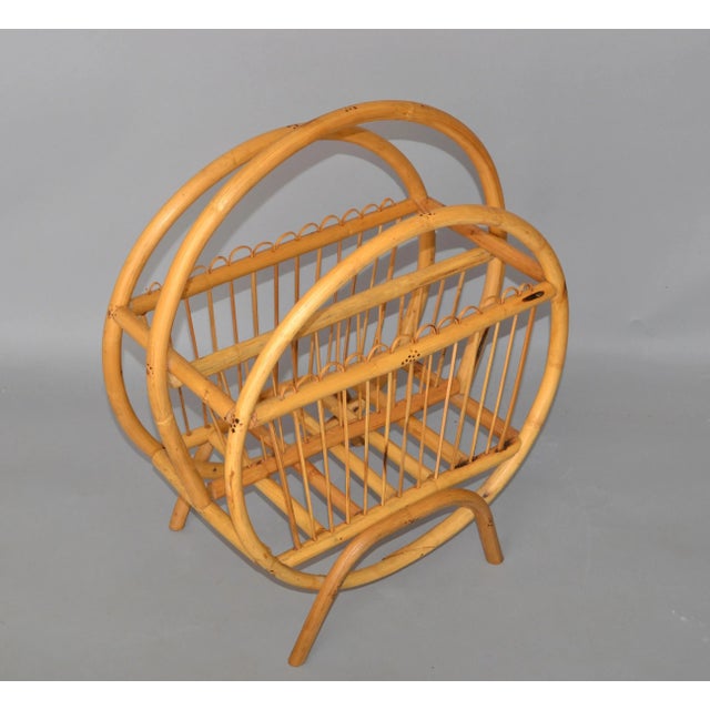 1965 Hollywood Regency Round Handcrafted Bamboo and Cane Magazine Rack American For Sale - Image 12 of 13