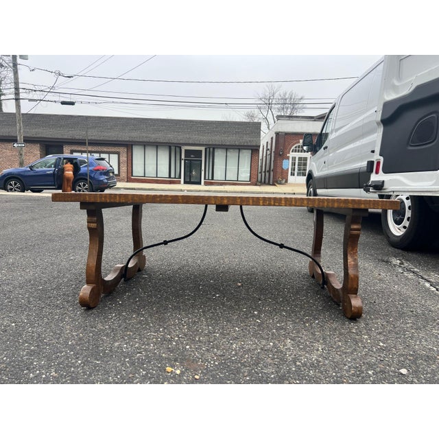 Farmhouse Vintage Solid Wood Trestle Dining Table For Sale - Image 3 of 8
