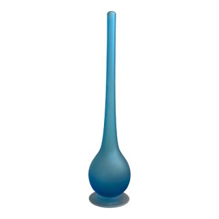 1970s Carlo Moretti Rosenthal Murano Vase Satinato Glass Pencil Neck Blue Frosted, Unmarked For Sale