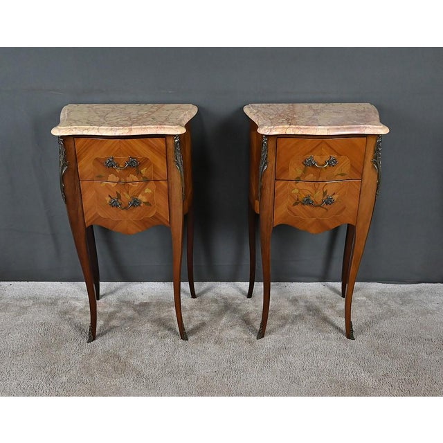 Louis XV Style Marquetry Bedside Tables, Late 20th Century, Set of 2 For Sale - Image 14 of 18