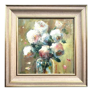 Framed Floral White Flowers Peonies Bouquet Original Painting by Valeriya Serova For Sale