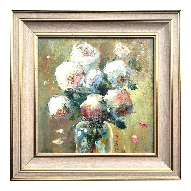 Framed Floral White Flowers Peonies Bouquet Original Painting by Valeriya Serova For Sale