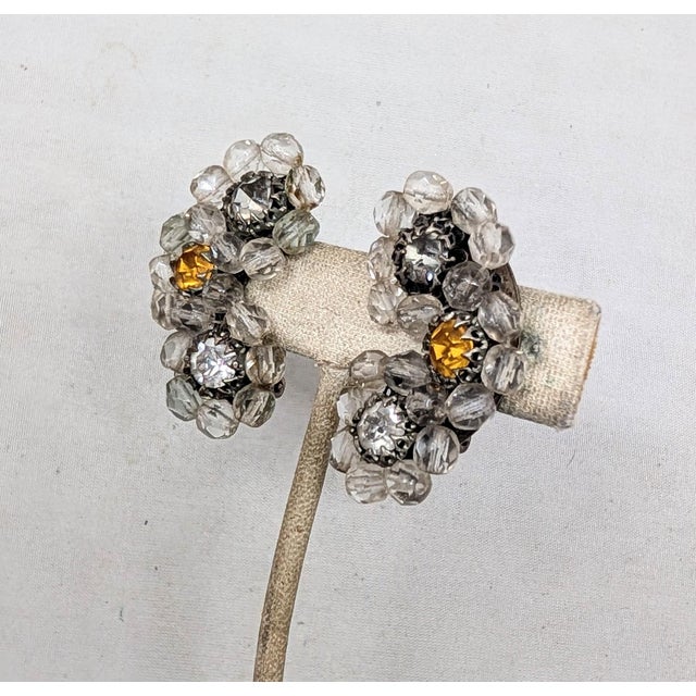 1960s Vintage 1960s Signed Ornella Italy Clear Beaded Clear & Faux-Citrine Clip Earrings-2 Pieces For Sale - Image 5 of 8