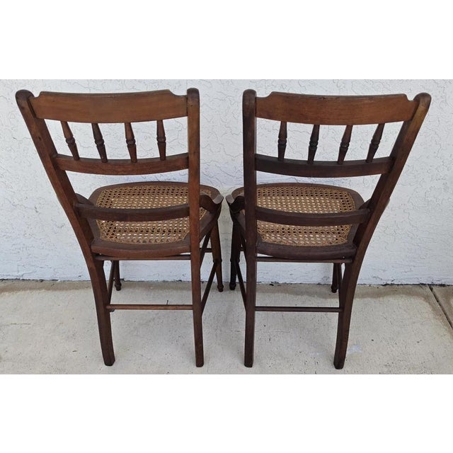 Early 20th Century Antique Walnut Victorian Spindle Back Cane Seat Dining Chairs Set of 6 For Sale - Image 5 of 18