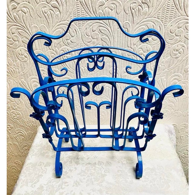 Vintage Mid Century Blue Enameled Scrolled Iron and Flowers Magazine Rack For Sale - Image 9 of 12
