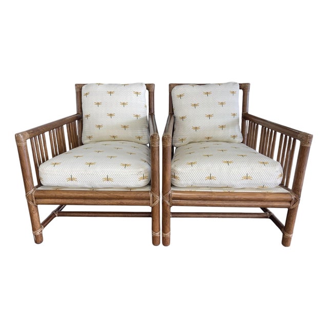 A sculptural pair of vintage rattan lounge chairs by McGuire Furniture Company, San Francisco. Classic McGuire...